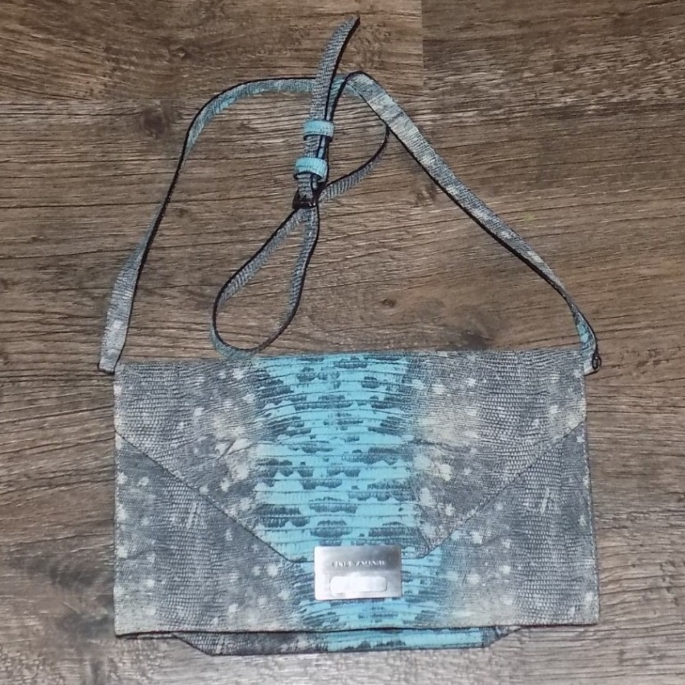 Elie Tahari Perry Shoulder Bag Women Small Teal Grey New‎ Snakeskin Embossed